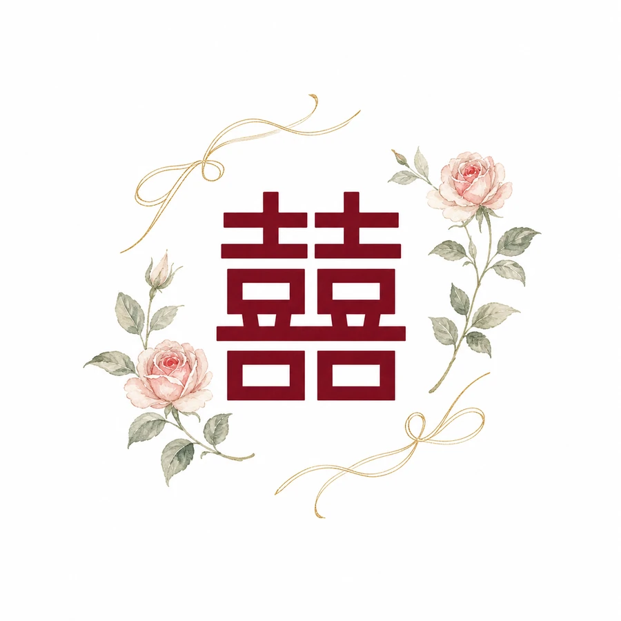 囍字与玫瑰手绘装饰